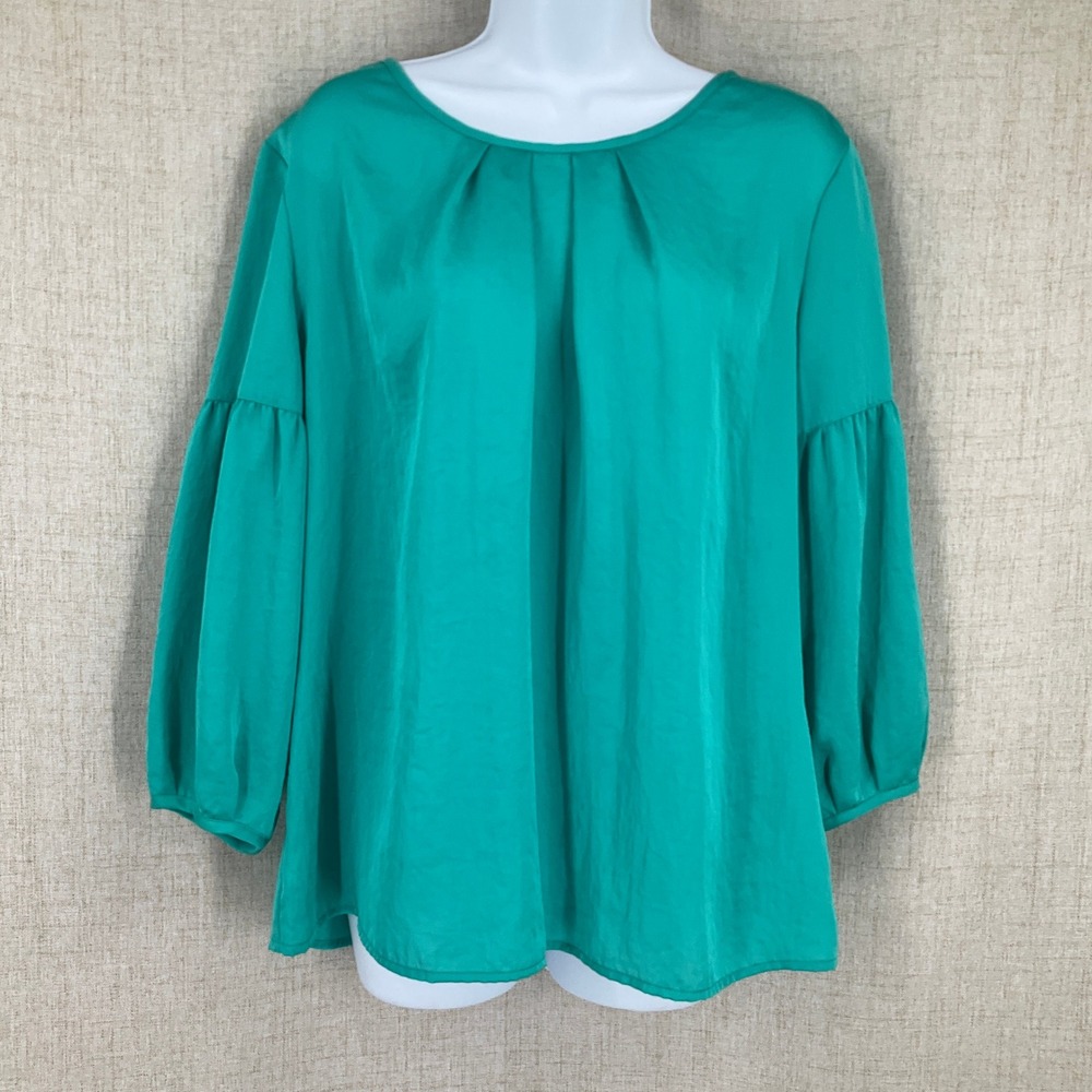 Talbots Blouse Women 14 Green Pleated Puff Sleeve Classic Minimalist Preppy
